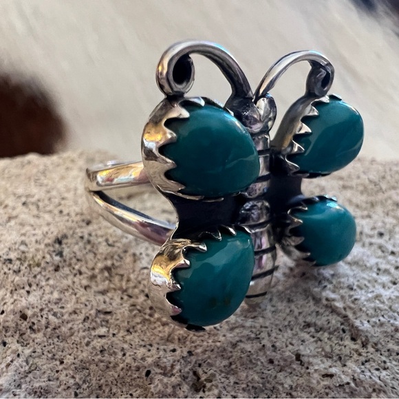 Navajo Jewelry - ❤️ Kingman Turquoise Statement Sterling Navajo Butterfly Bee Size 6 Ring 6 Grams